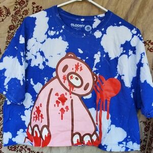 Blue and White Tie Dye Gloomy Bear Crop Top